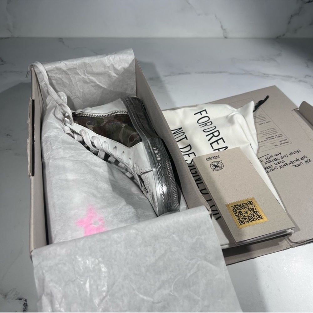 Golden Goose Slide White Green Camouflage Silver Pink Athletic High Top Sneakers - Picture 13 of 14